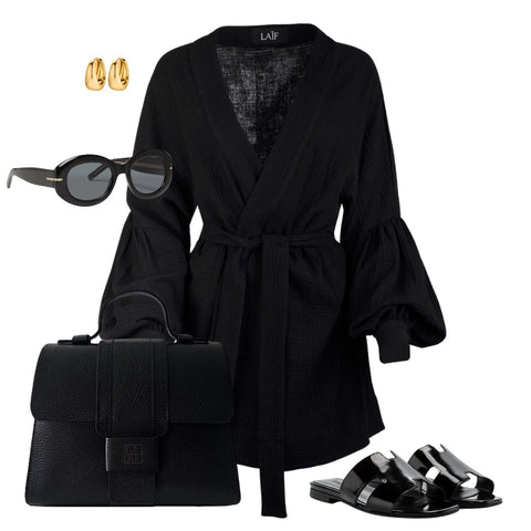 czarna sukienka kimono bawełniana muślinowa z długim rękawem na wiosnę i lato