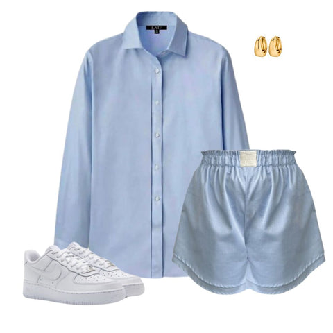 niebieska damska koszula oversize bawełniana eleganckie szorty damskie niebieskie stylizacja total look
