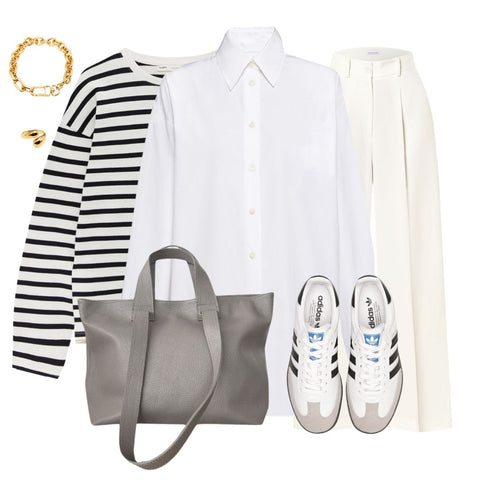 biała koszula damska boyfriend - marynarski top w paski - torebka płócienna tote beż - akcesoria modowe - złote kolczyki - stylizacja wiosna 2024