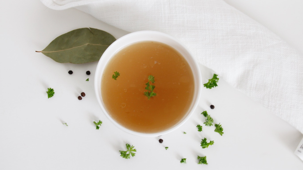 Beef Bone Broth in Small White Bowl