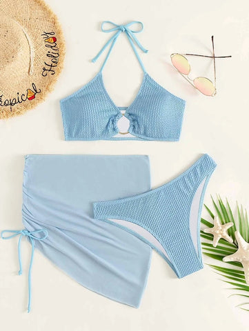 Conjunto Feminino de Verão 3 Peças Biquíni e Saia