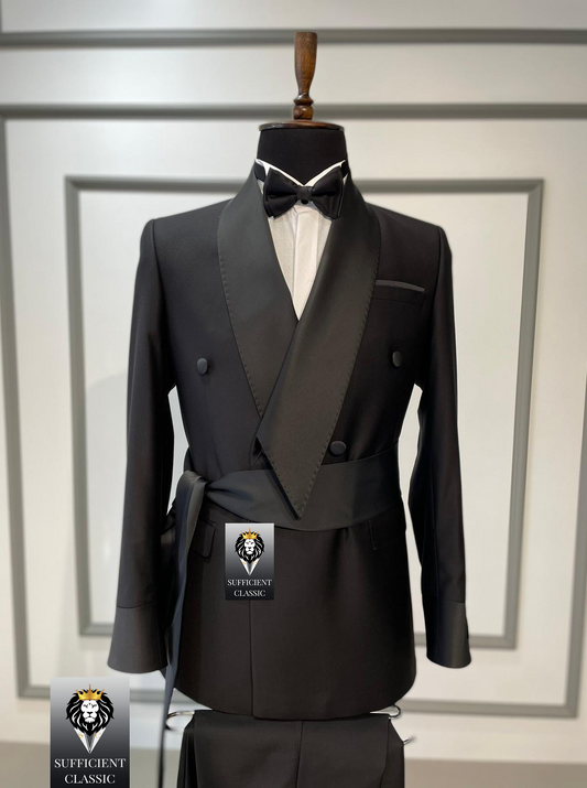 Double Breasted Skinny Belt Suit Jacket