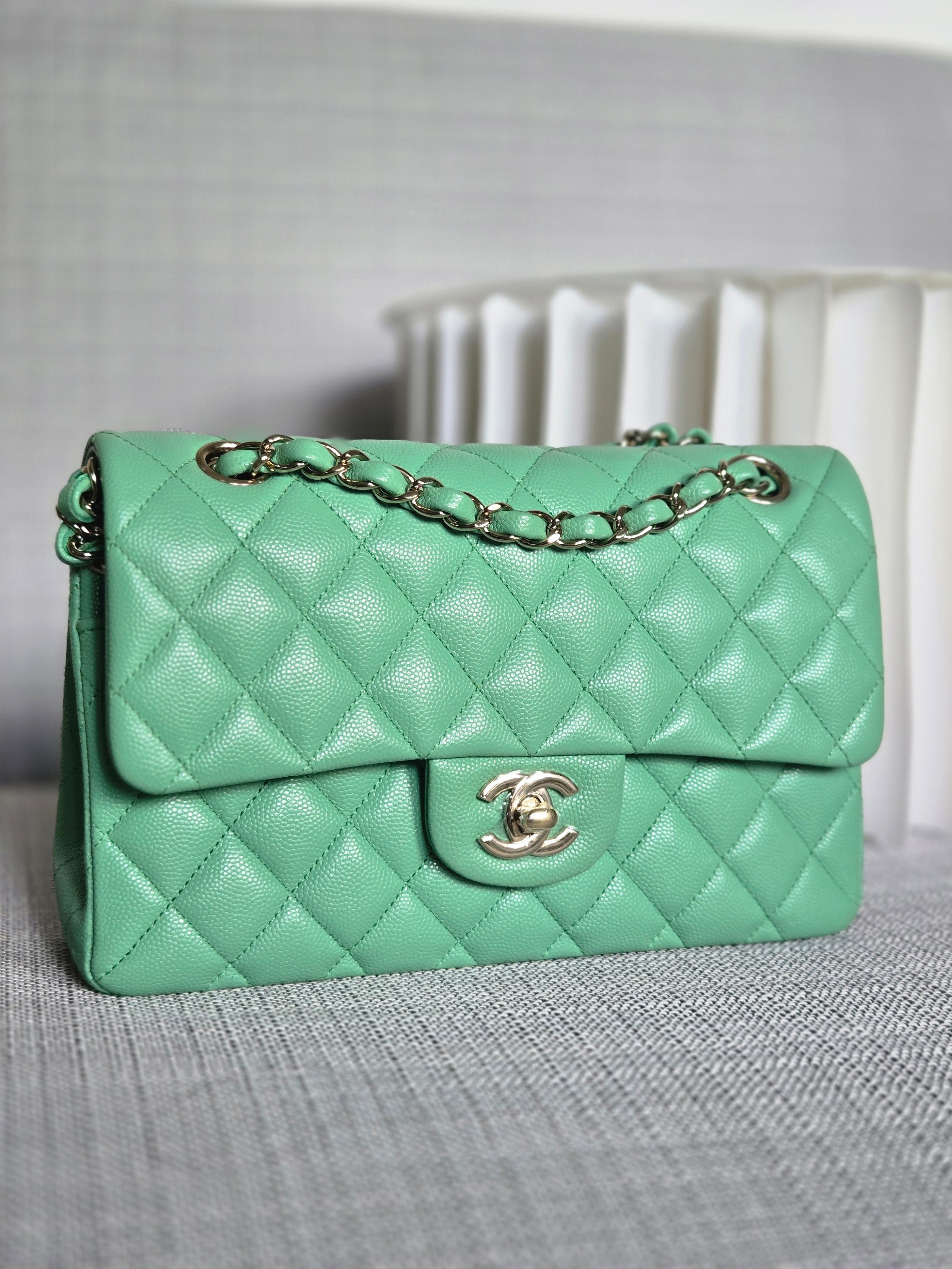 image of Chanel series 30 21P 2021 Collection Avocado Green Caviar Champagne Gold hardware Small Timeless Cl