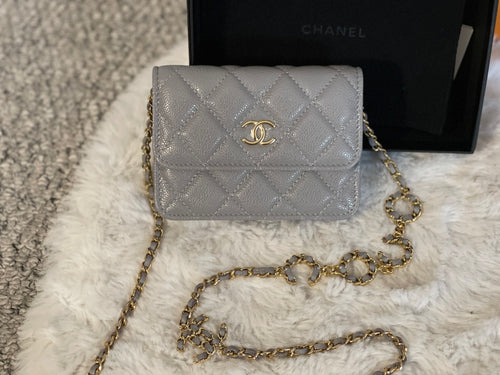 Chanel SLG 18K Round Coin Purse, Blue Caviar Leather, Light Gold