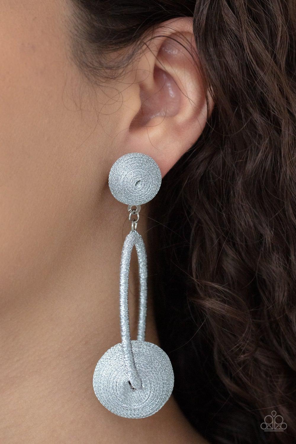 PAPARAZZI Social Sphere - Silver | Metallic Thread Drop Hoop 80's Style Post Earrings-Paparazzi Jewelry Catalog | Gem Box Accessories Independent Consultant