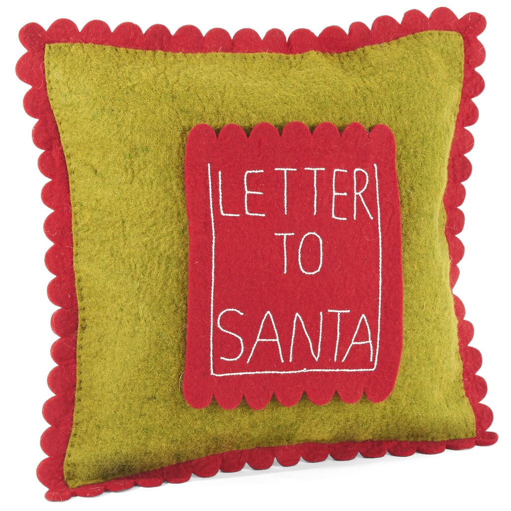 Handmade Christmas Pillow In Hand Felted Wool - Letter To Santa Pocket On Green - 18"