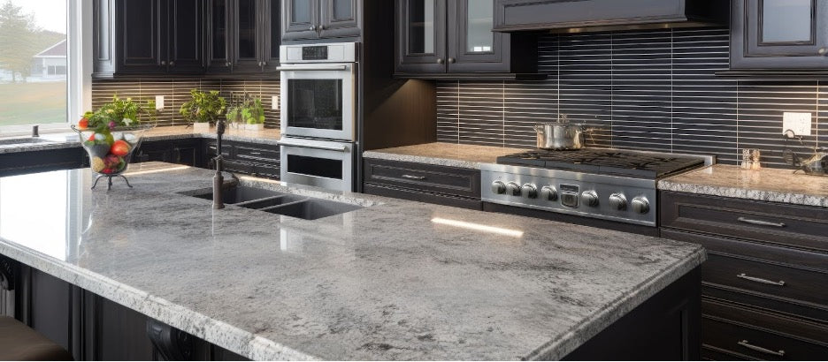 A granite countertop in a kitchen.