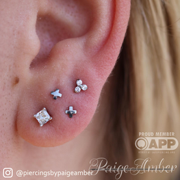 Ear pierced with an assortment of 18K Shapes and Gem Ends