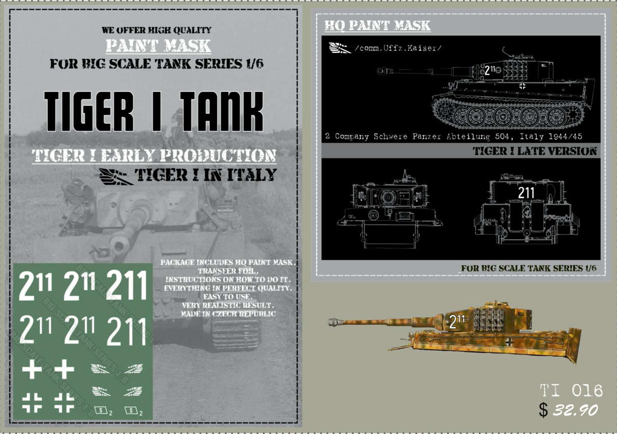 HQ-TI016 1/6 Tiger I #211 Early Production 2 Kompanie Schwere Pz.Abt.504 Italy 1944/45 Paint Mask