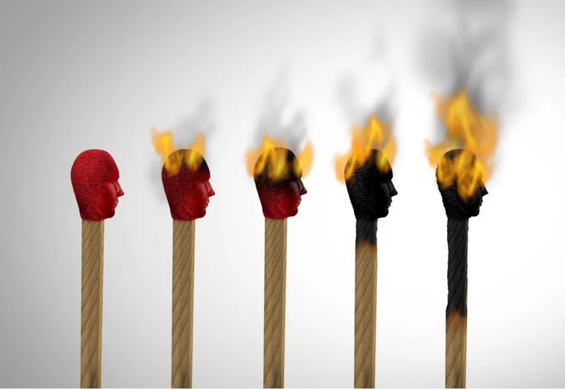 matchsticks with faces progressively set on fire and burning to signify burnout in the workforce. Image from Forbes