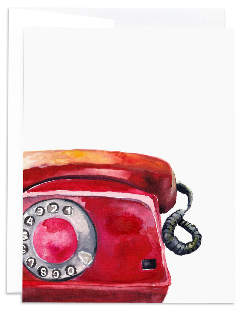 red rotary phone watercolor notecard front
