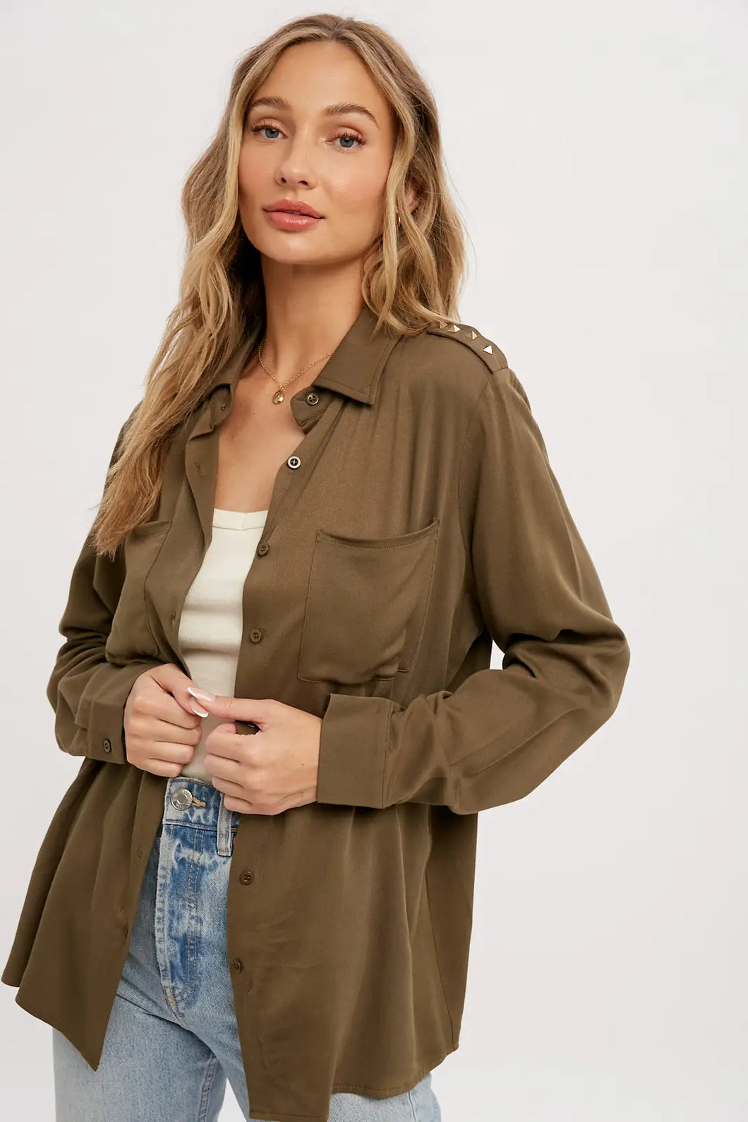 Army Green Studded Button Up