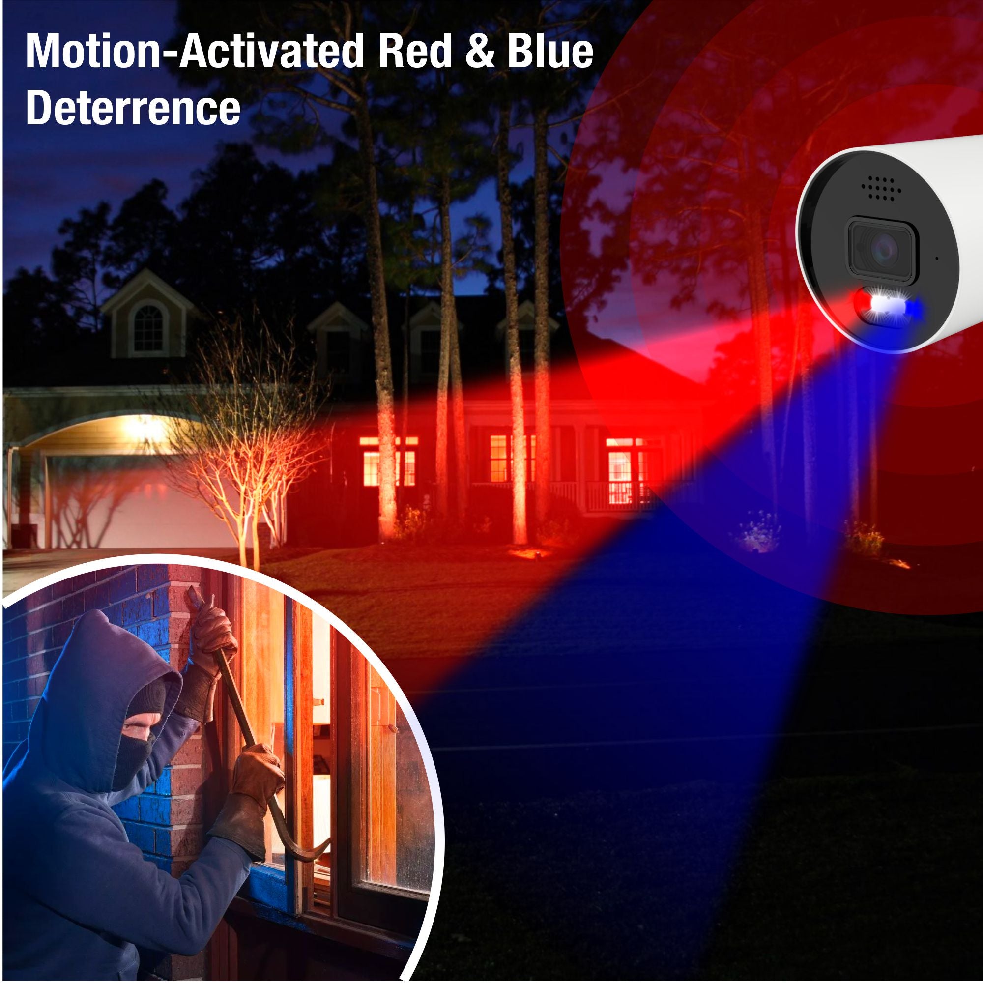 NocturnalVU series security camera system with motion-activated red-and-blue deterrence and siren alarm to enhance the security level.