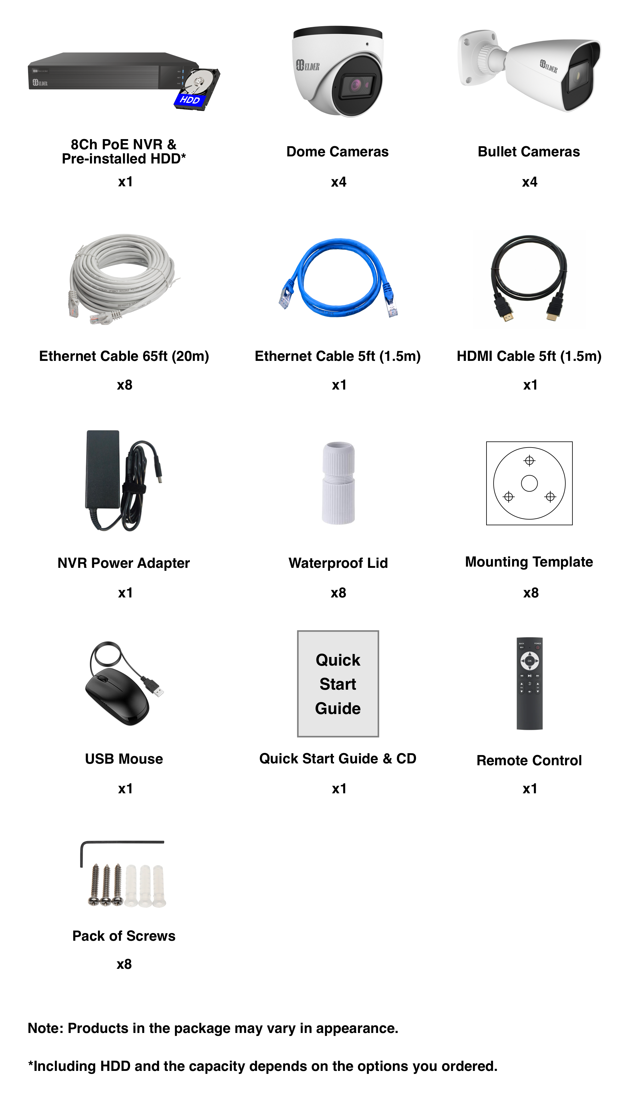 Elder 4K security camera system from Ultimate-I series includes PoE NVR, IP cameras, surveillance grade HDD pre-installed, cables, and accessories.