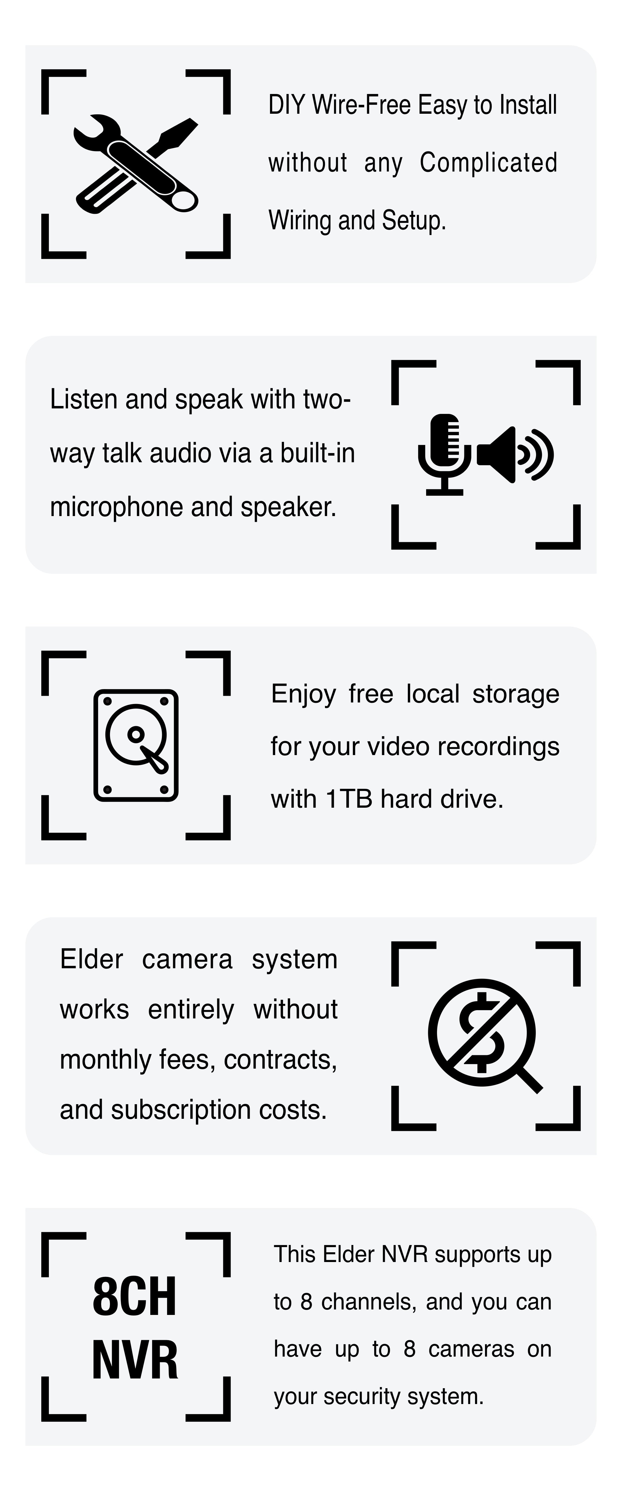 DIY wire-free CCTV camera system with 4K 8MP IP cameras and WiFi NVR 1TB hard drive.