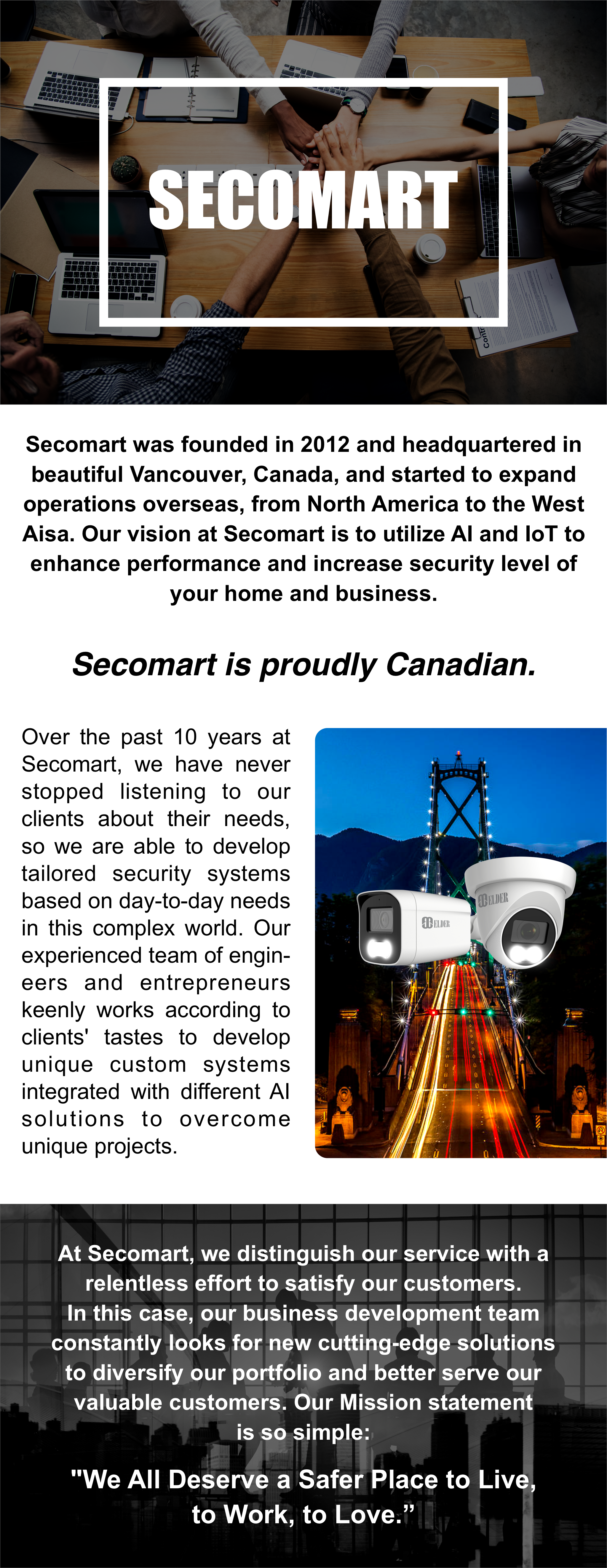 Secomart was founded in 2012 and headquartered in beautiful Vancouver, Canada, and started to expand operations overseas, from North America to the West Aisa. Secomart is one of the most admired and trusted suppliers of security camera systems, surveillance cameras, and smart home in Canada.