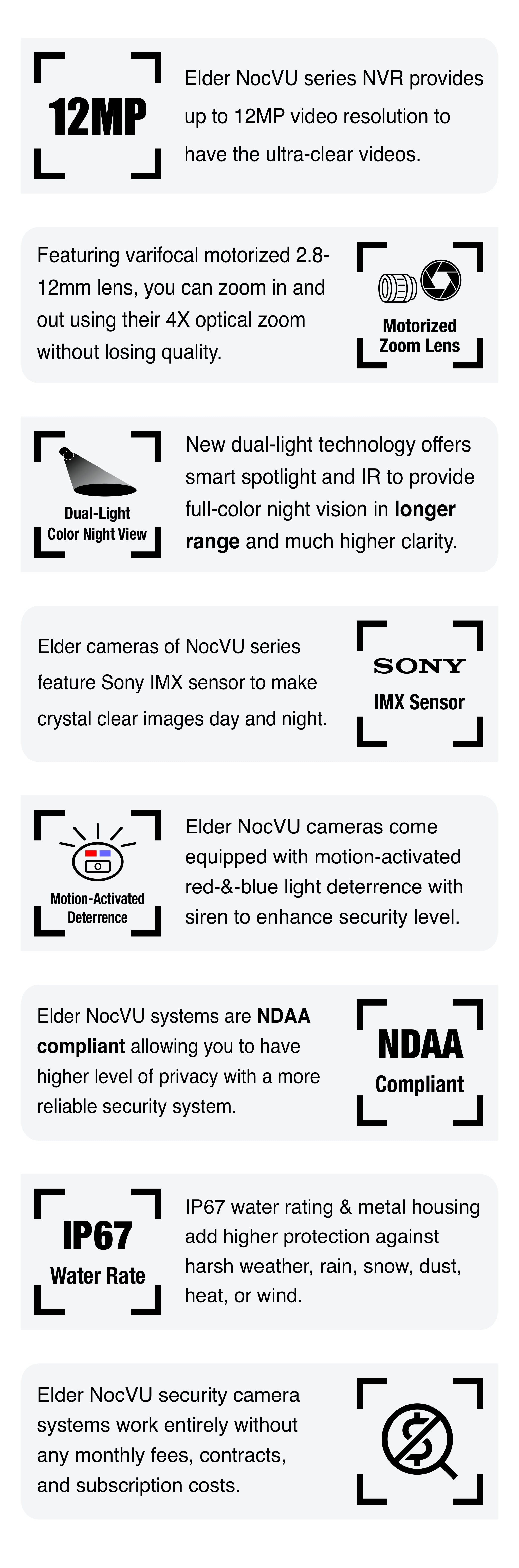 Security camera system from Nocturnal series is NDAA compliant and works without any monthly fees. Nocturnal surveillance systems from Elder feature long-range color night vision, and Sony sensor to provide the best and highest resolution images.