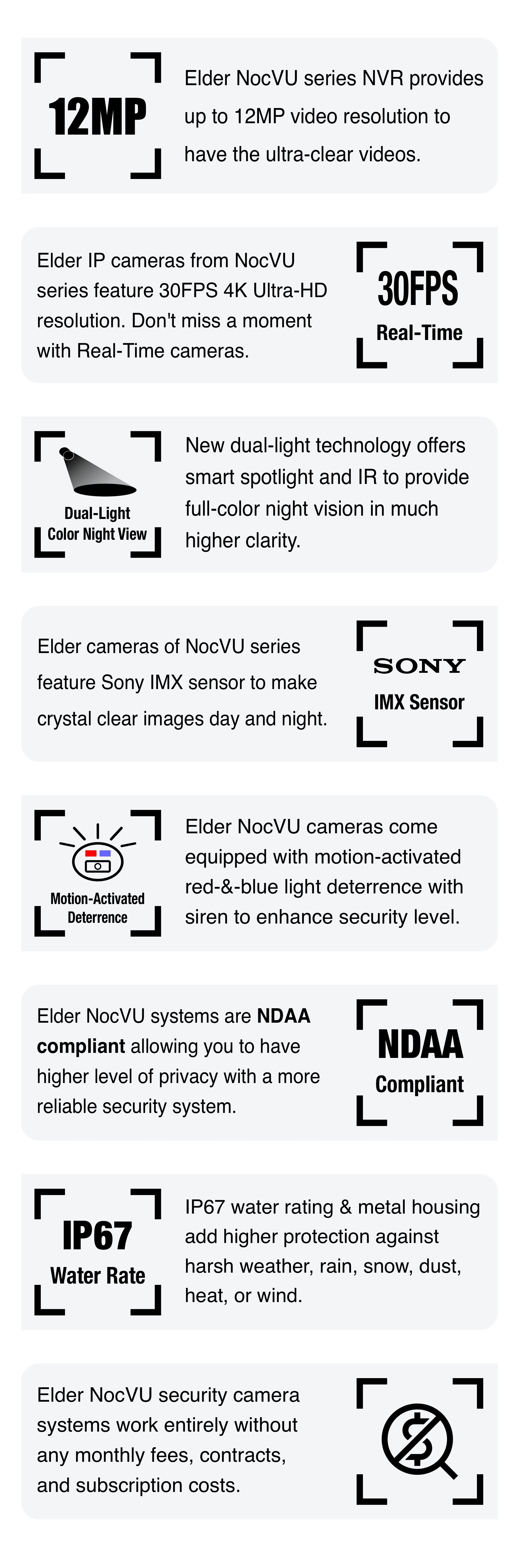 Security camera system from Nocturnal series is NDAA compliant and works without any monthly fees. Nocturnal surveillance systems from Elder feature Sony sensor to provide the best and highest resolution images.