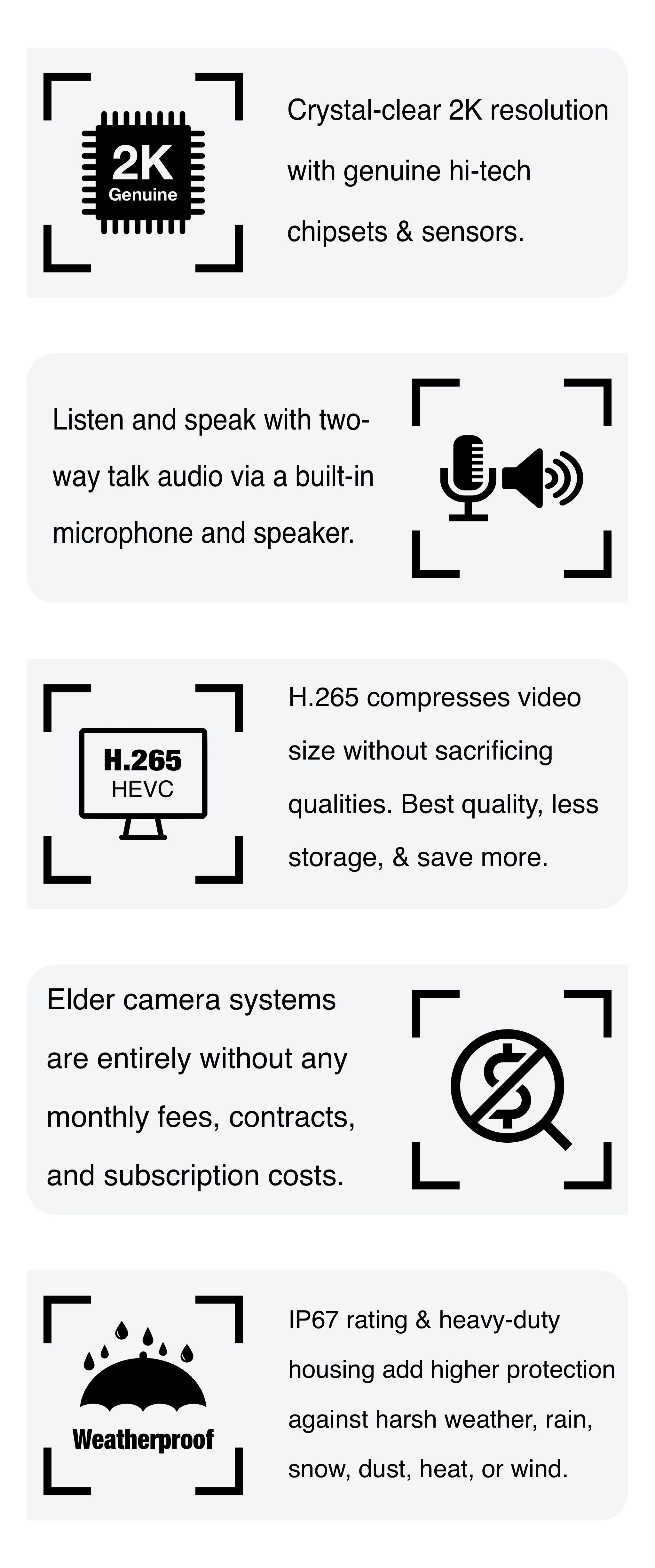 Elder wireless security camera system is outdoor and supports H.265 and two-way audio. Elder WiFi battery surveillance works without monthly fees