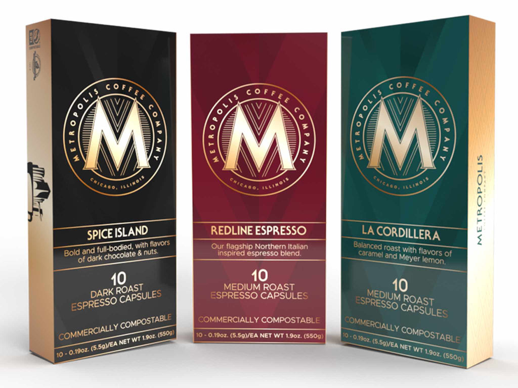Boxes of Metropolis wholesale espresso capsules in three blends.