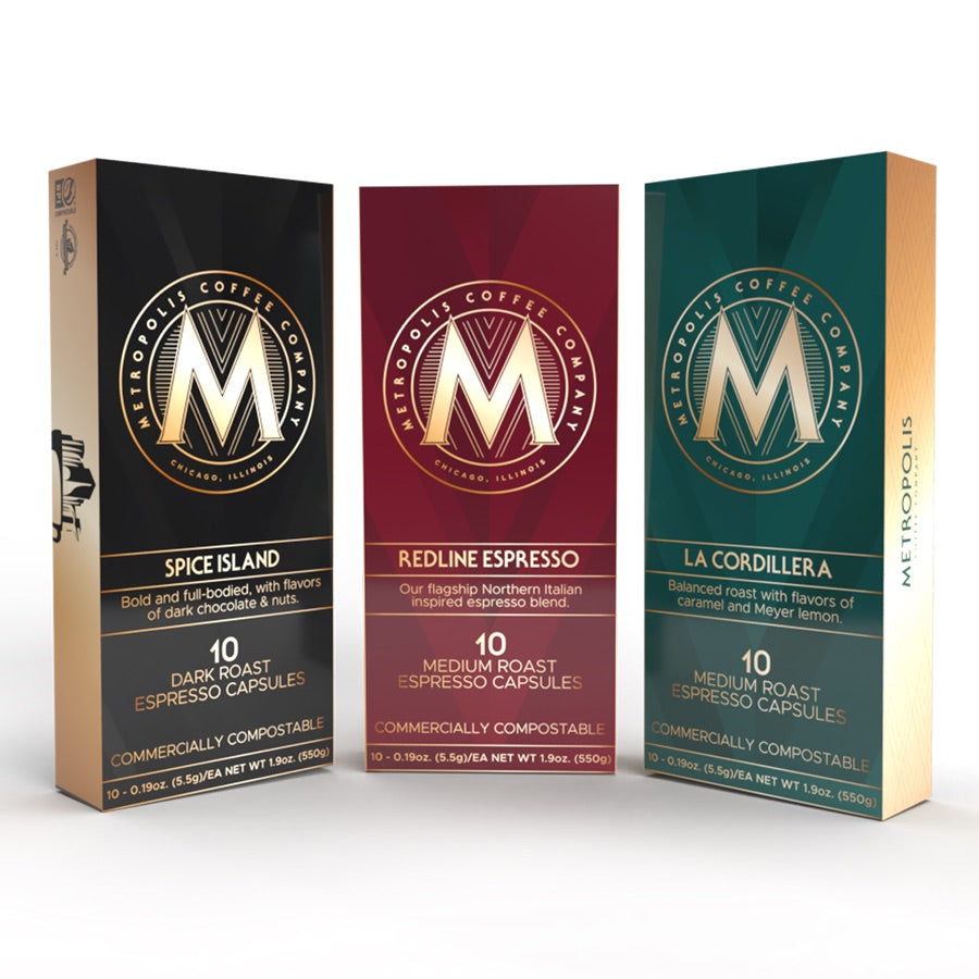 Metropolis Coffee espresso capsules in boxes.