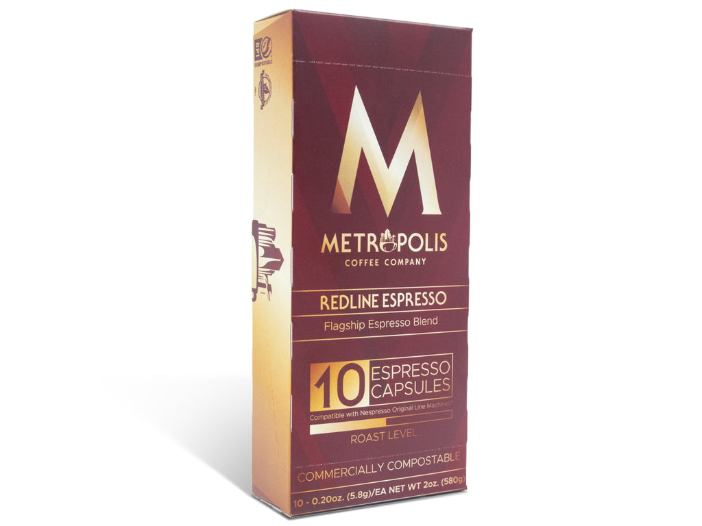 A box of Metropolis Redline wholesale coffee capsules