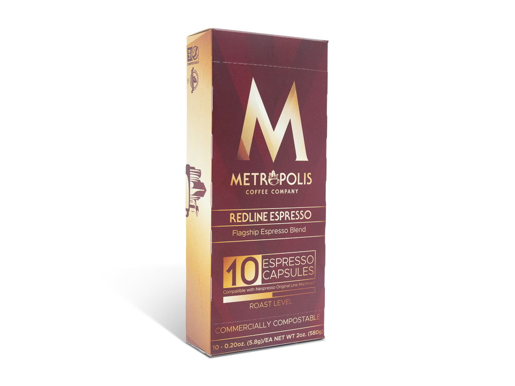 Metropolis wholesale coffee capsules packaged in a maroon box.