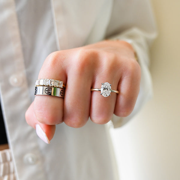 Lab-grown engagement ring on hand