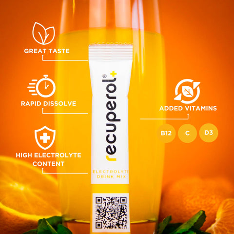 recuperol orange high electrolyte content graphic with added vitamins