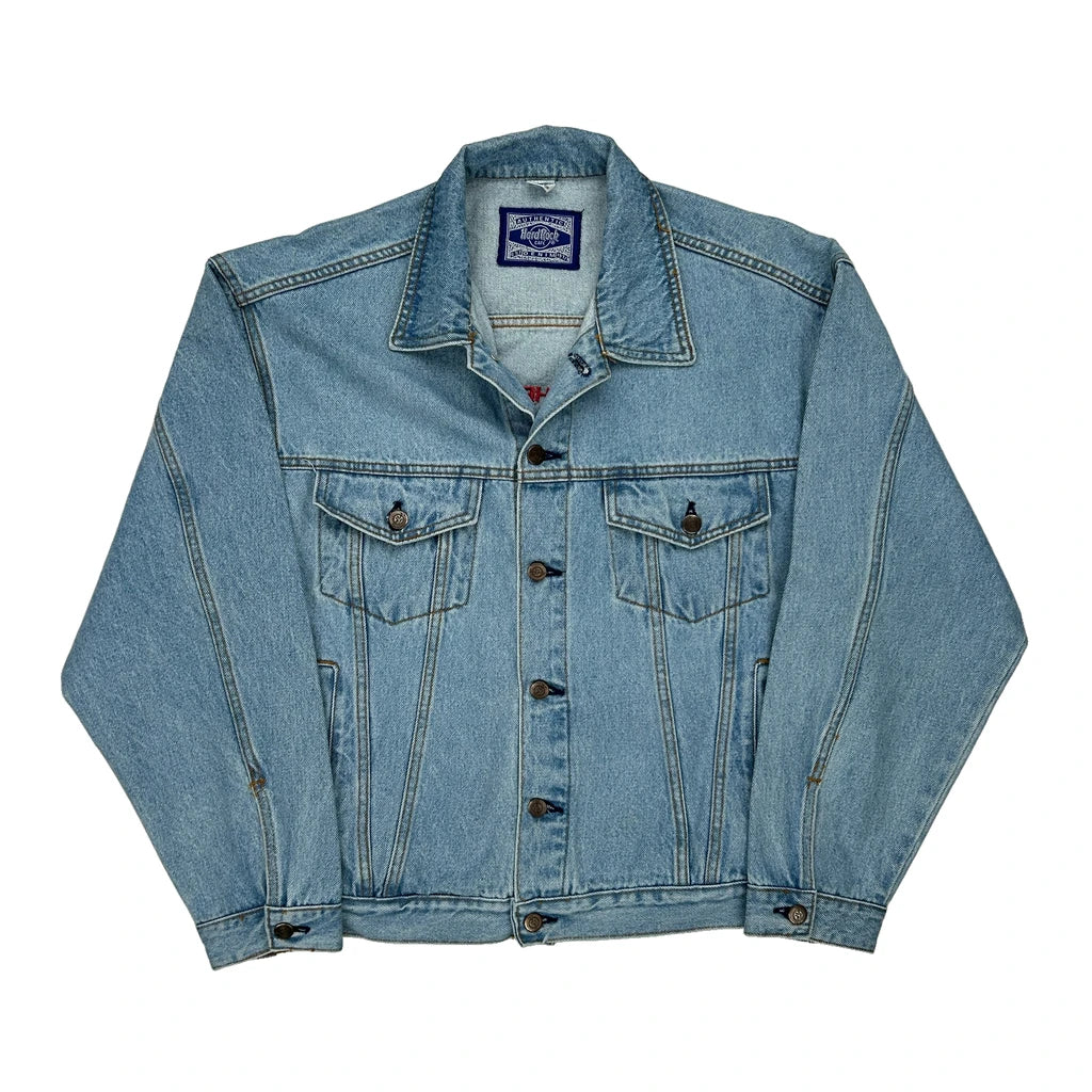 image of Chicago Hard Rock Cafe Spellout Denim Jacket - Large Light Wash Cotton