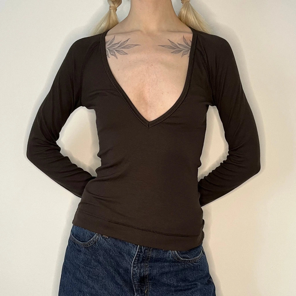 image of Sisley Long Sleeve Top - Small Brown Viscose Blend