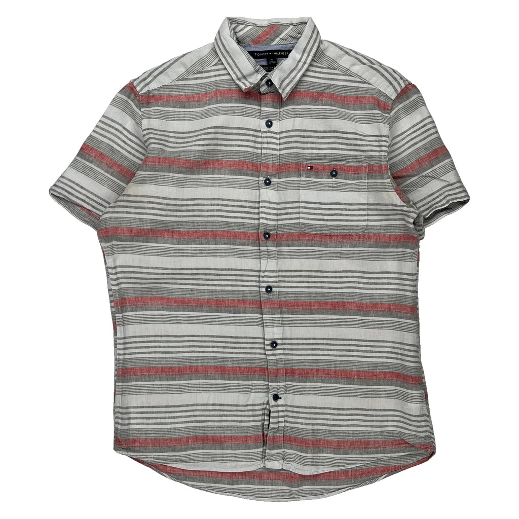 image of Tommy Hilfiger Striped Short Sleeve Shirt - Medium Multicoloured Linen