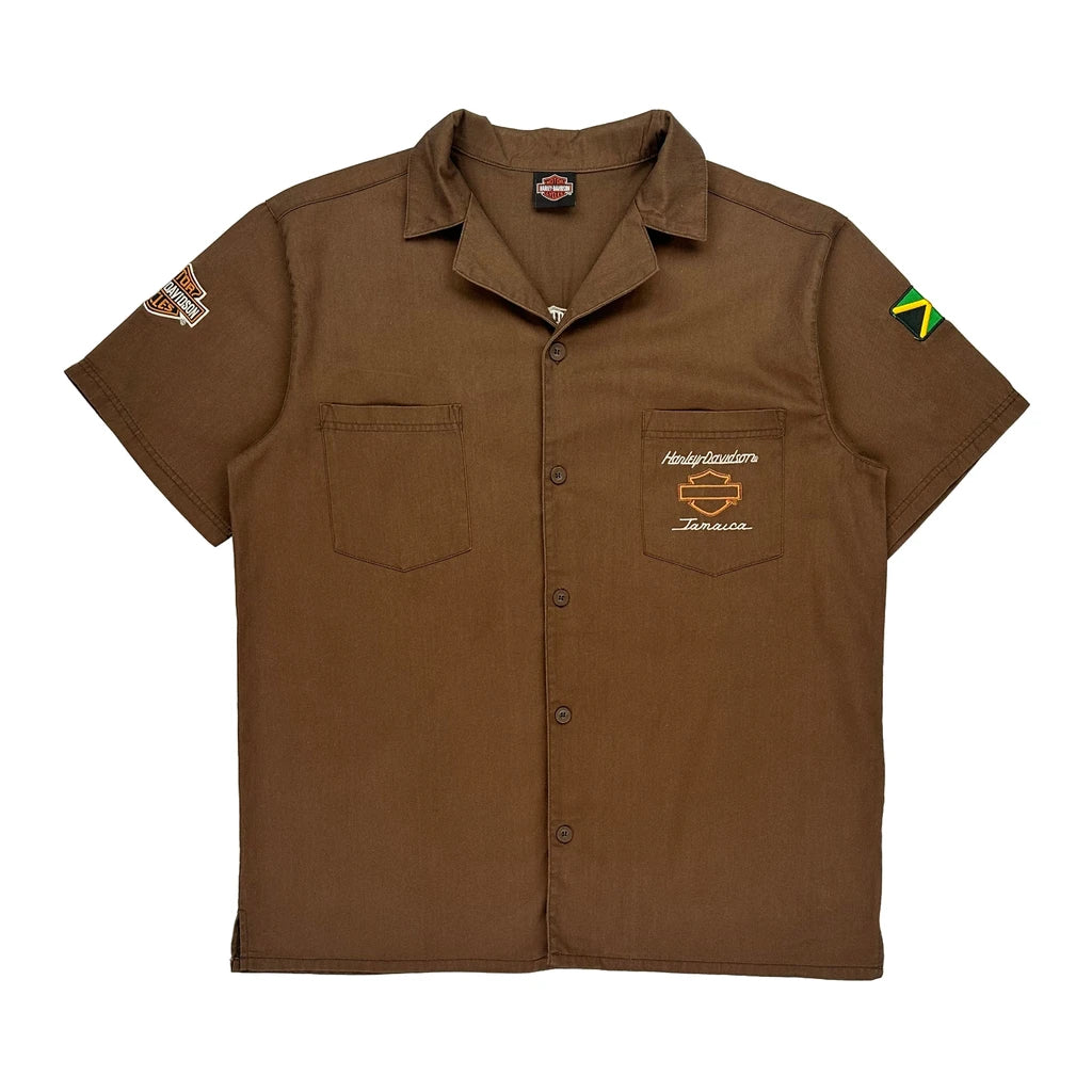 image of Jamaica Harley Davidson Graphic Short Sleeve Shirt - Large Brown Cotton