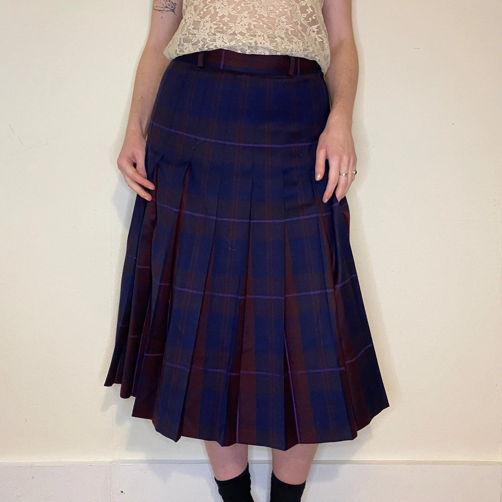 image of Unbranded Checked Midi Skirt - 28W UK 8 Navy Virgin Wool