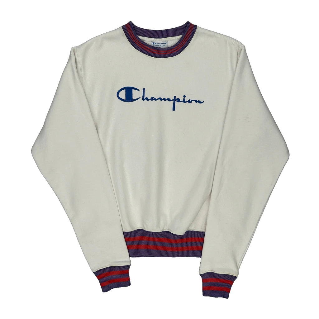 image of Reverse Weave Champion Spellout Sweatshirt - Small White Cotton Blend