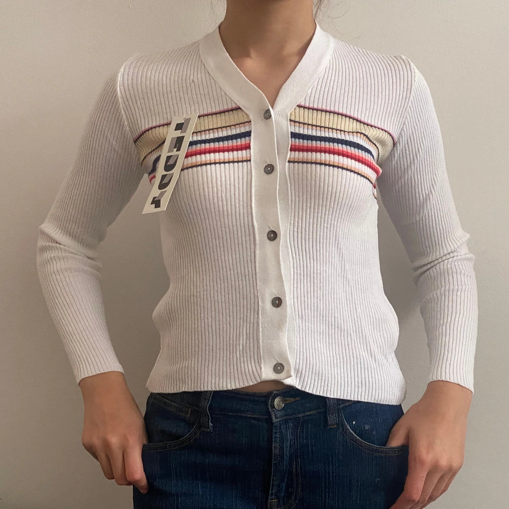 image of Teddy Striped Cardigan - Small White Cotton Blend