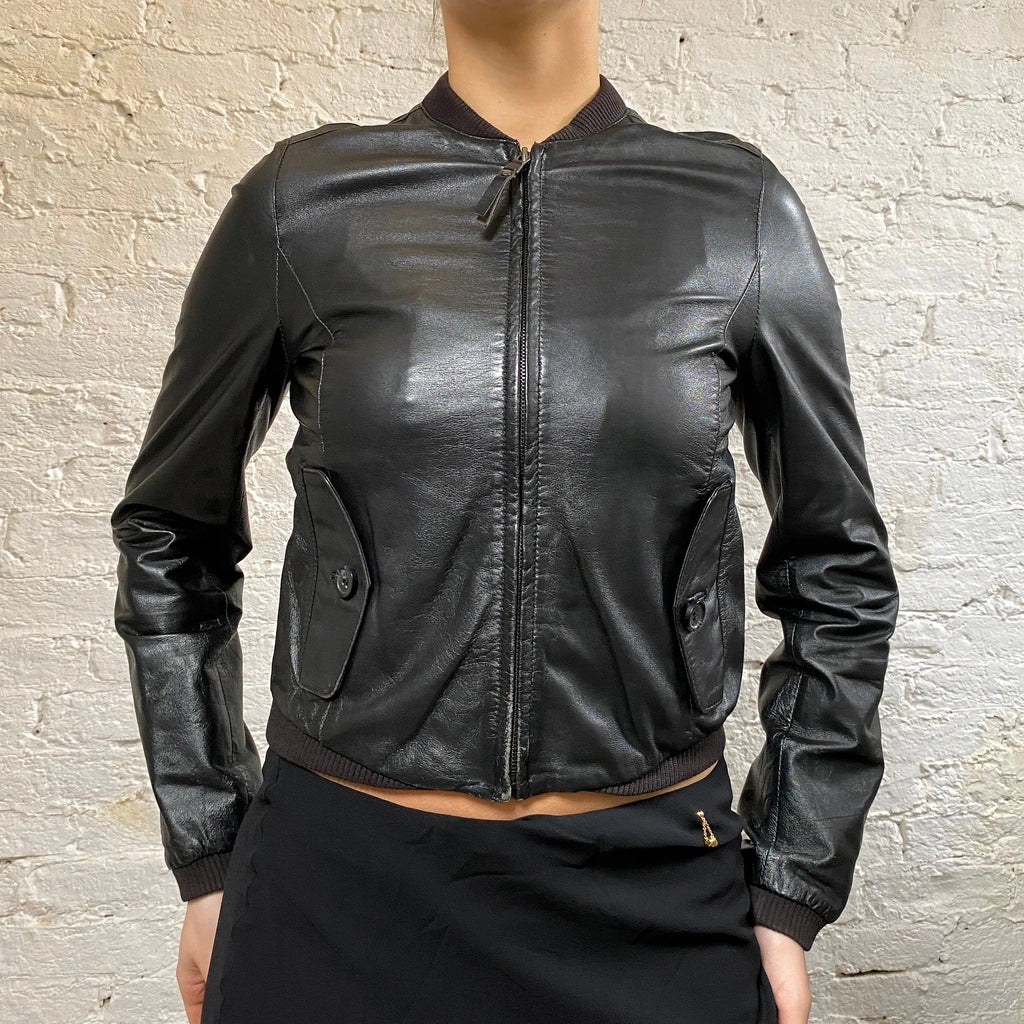image of Benetton Leather Jacket - XS Black Leather