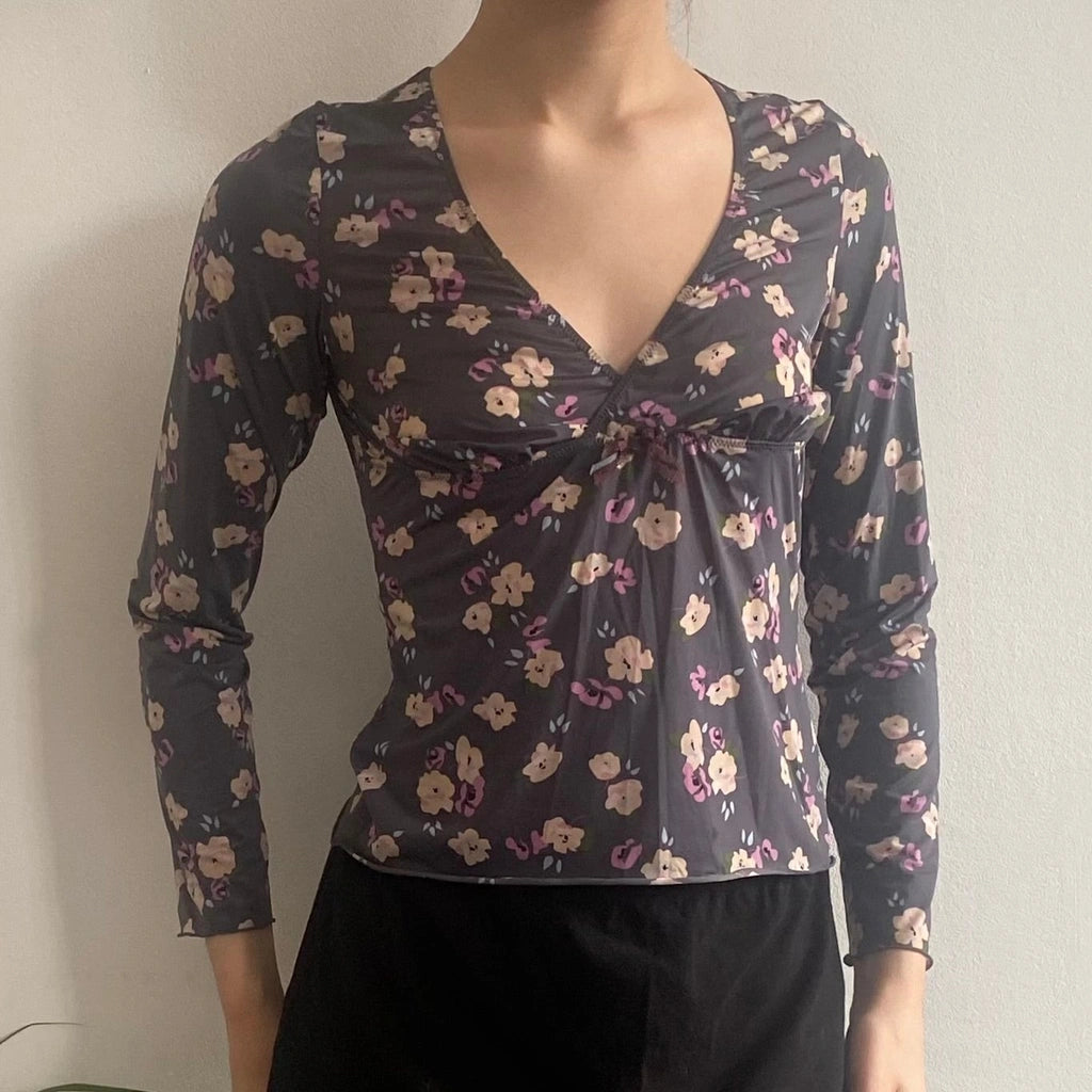 image of Unbranded Floral Long Sleeve Top - Small Grey Polyester Blend