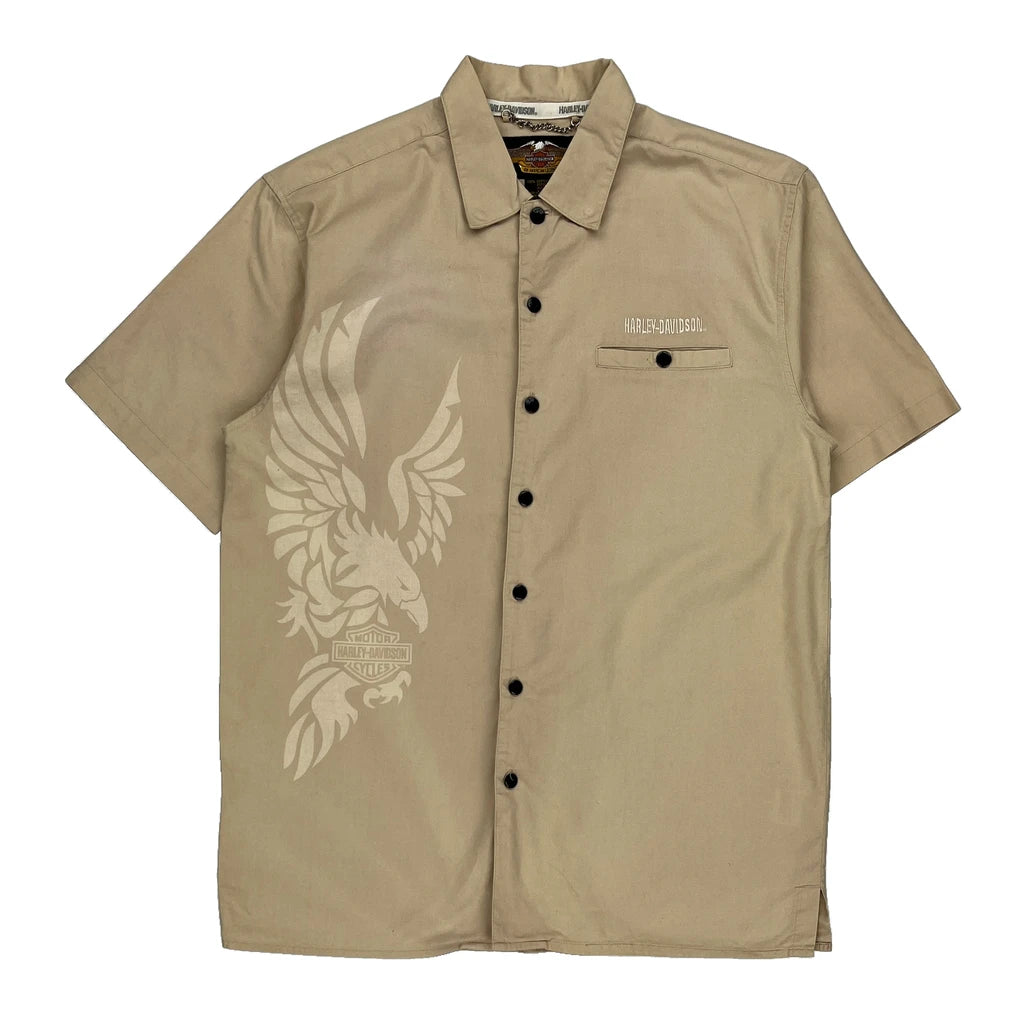 image of Harley Davidson Graphic Short Sleeve Shirt - Medium Beige Cotton