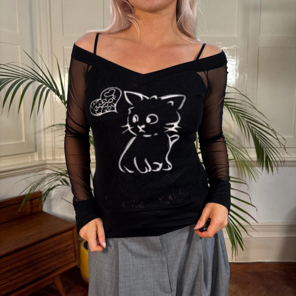 image of Unbranded Graphic Mesh Top - Small Black Polyester Blend