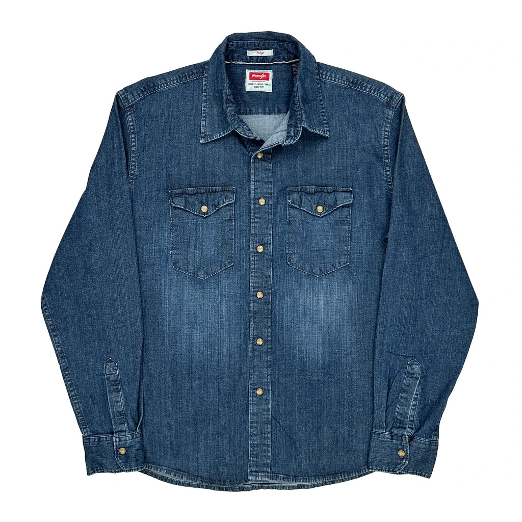 image of Wrangler Denim Shirt - Large Blue Cotton Blend