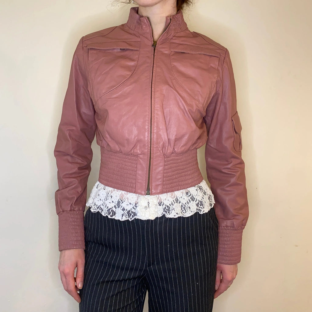 image of Crayon Cropped Leather Jacket - XS Pink Leather