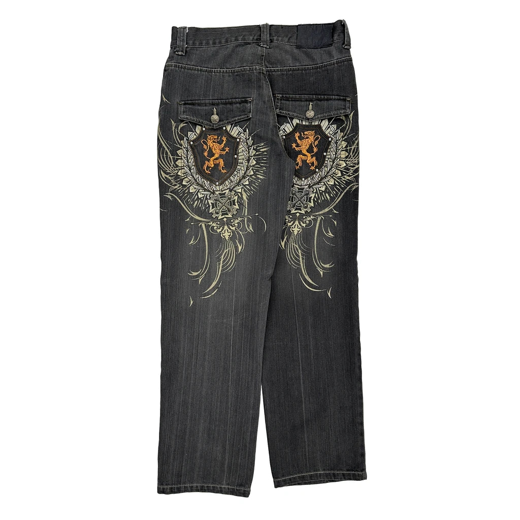 image of Embroidered Lion Crest Unbranded Jeans - 32W 32L Black Cotton Blend