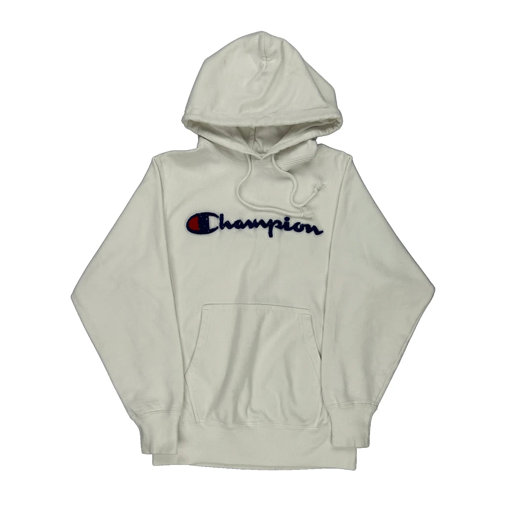 image of Reverse Weave Champion Spellout Hoodie - Small White Cotton Blend