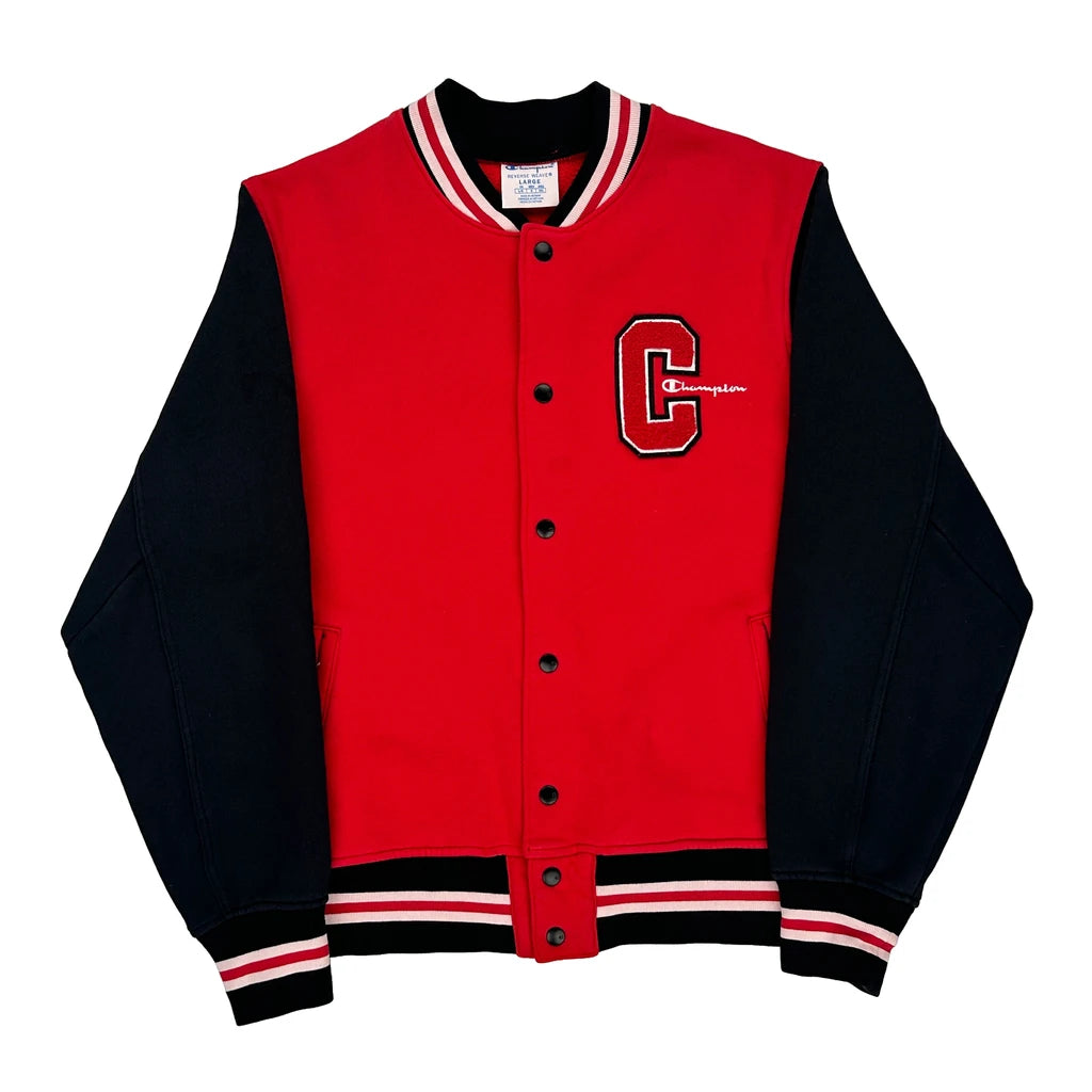 image of Reverse Weave Champion Spellout Varsity Jacket - Large Red Cotton Blend