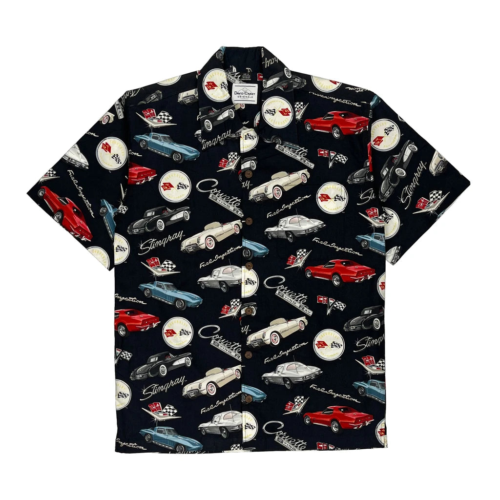 image of Corvette David Carey Graphic Hawaiian Shirt - Medium Black Cotton Blend