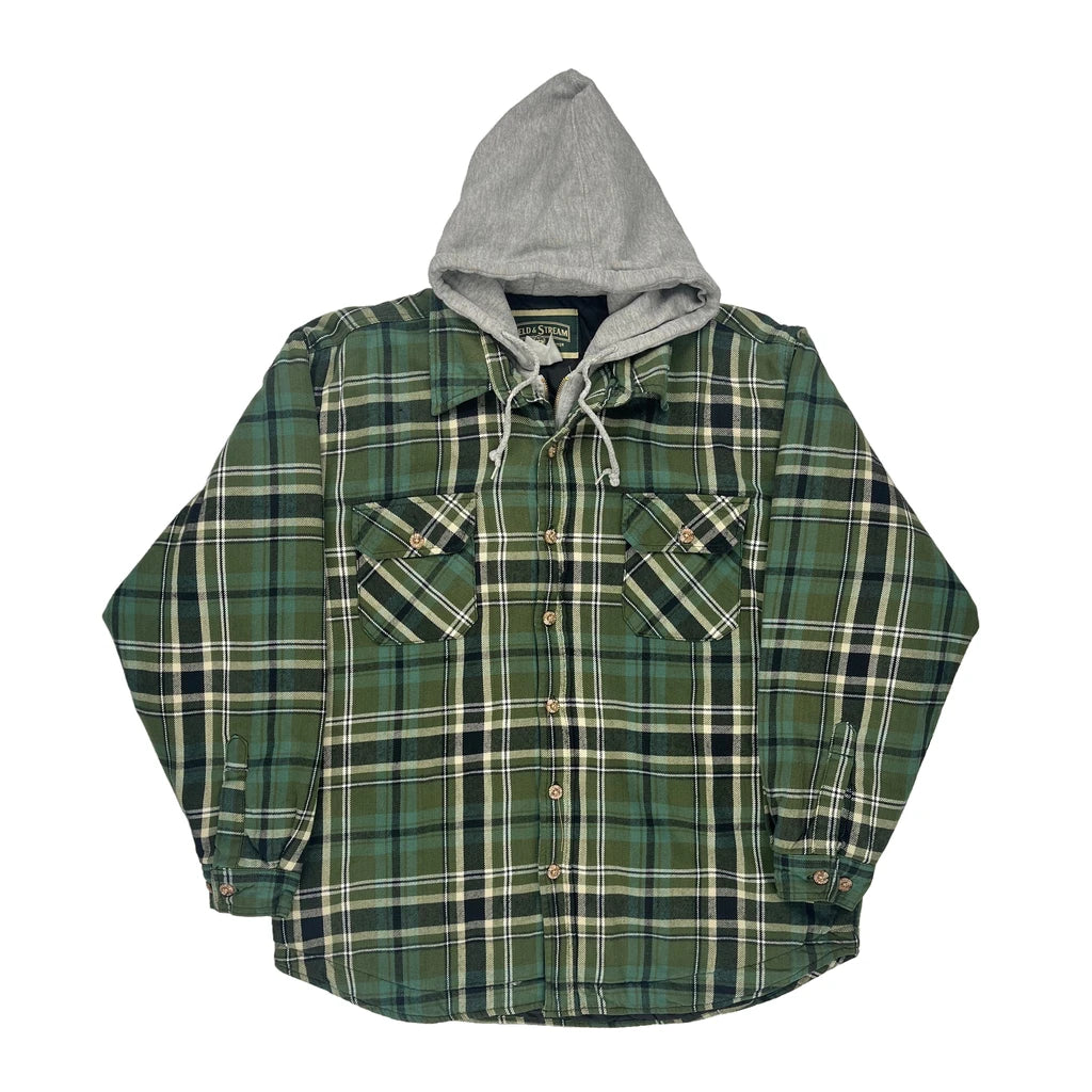 image of Hooded Flannel Field & Stream Checked Overshirt - 2XL Green Cotton