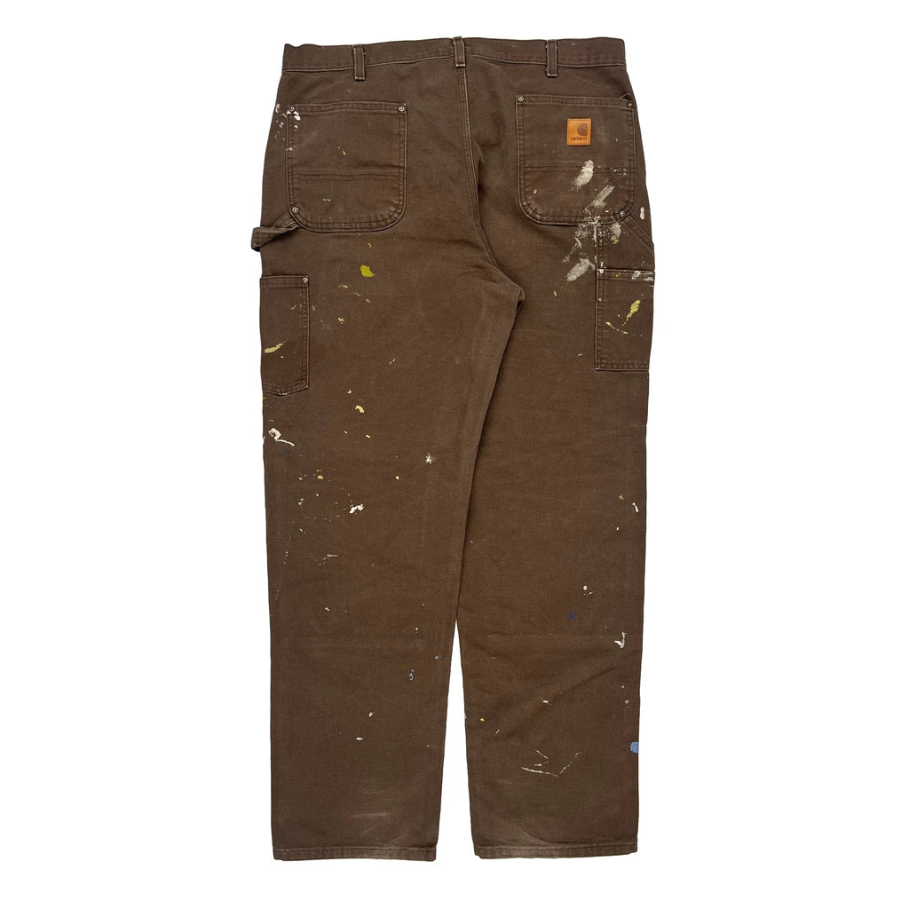 image of Paint Splatters Carhartt Double Knee Carpenter Trousers - 38W 33L Brown Cotton