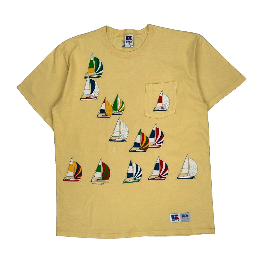 image of Single Stitch Russell Athletic Graphic T-Shirt - XL Yellow Cotton