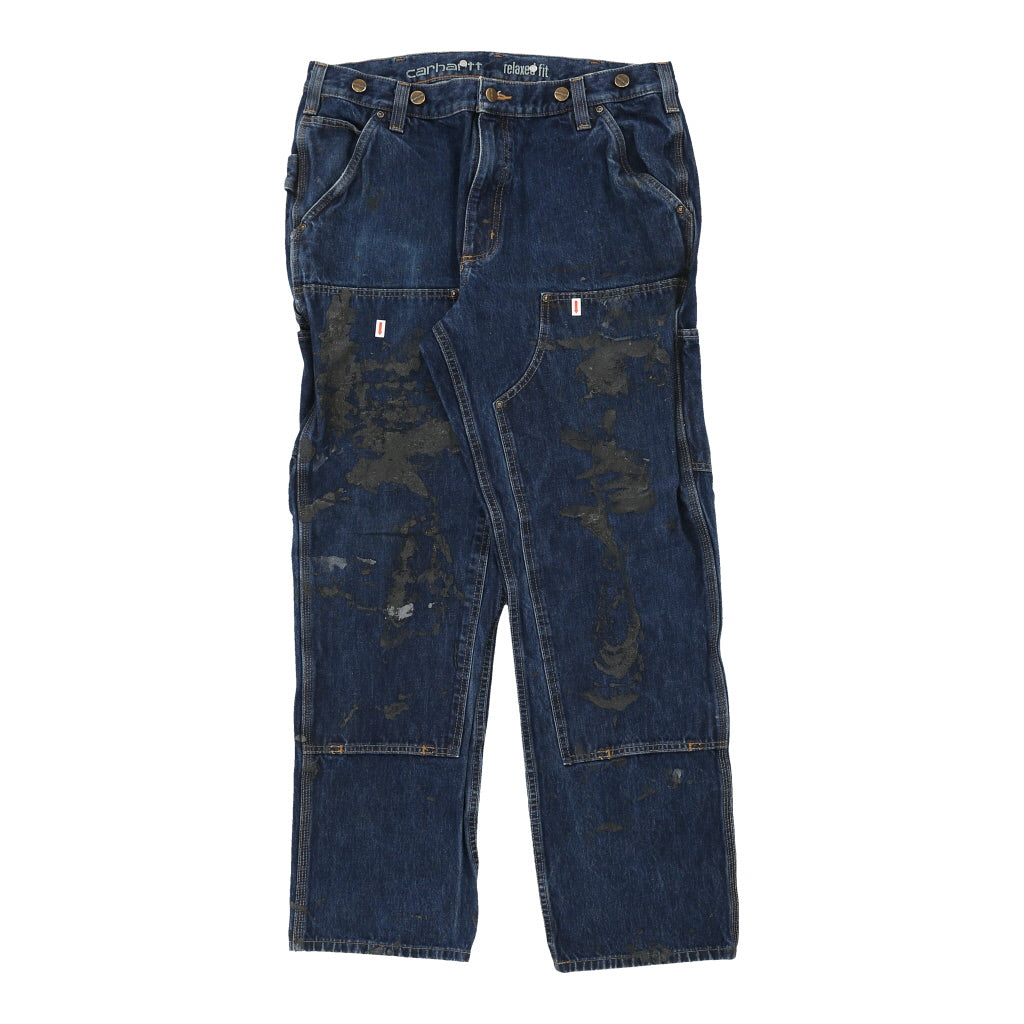 Image of Heavily Worn Carhartt Double Knee Carpenter Jeans - 36W 31L Blue Cotton